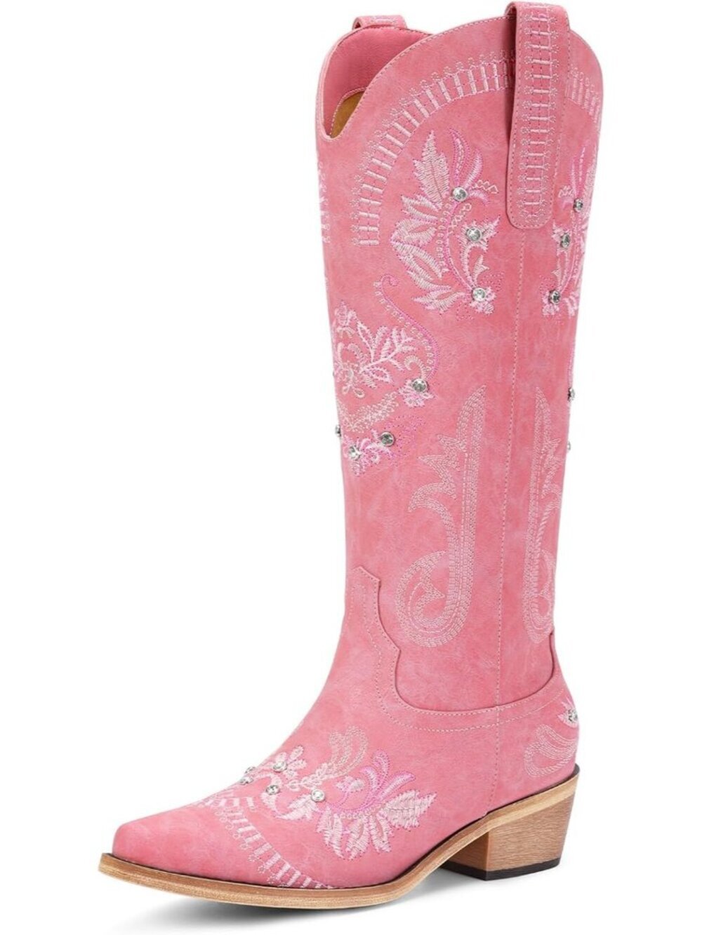 Women's Pink Rubber Knee High Western Cowgirl Sparkly Rhinestone Heeled Boots - Picture 1 of 4